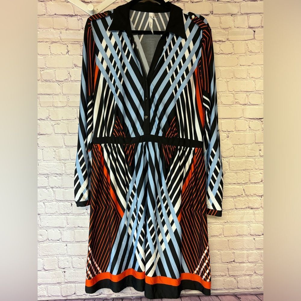 NY Collection Black Orange Blue Long Sleeve Pointed Collar Shirt Dress Size XL